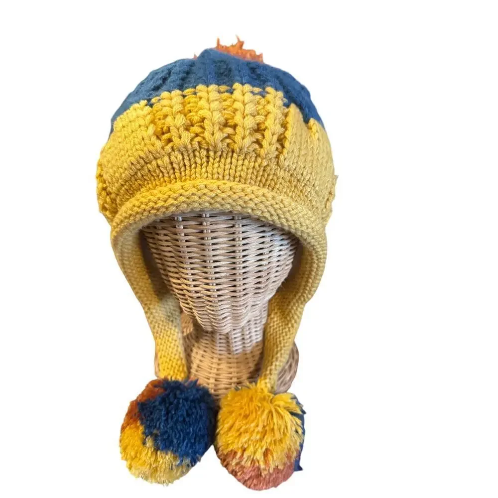 Multicolor Knit Beanie with Ear Flaps & Pom Poms – Blue Yellow Orange